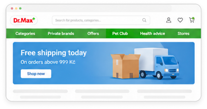 Dr.Max wide free-shipping banner across the homepage