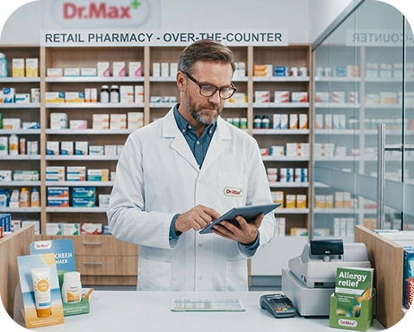 Dr.Max pharmacist reviewing attribution data on a tablet at the counter