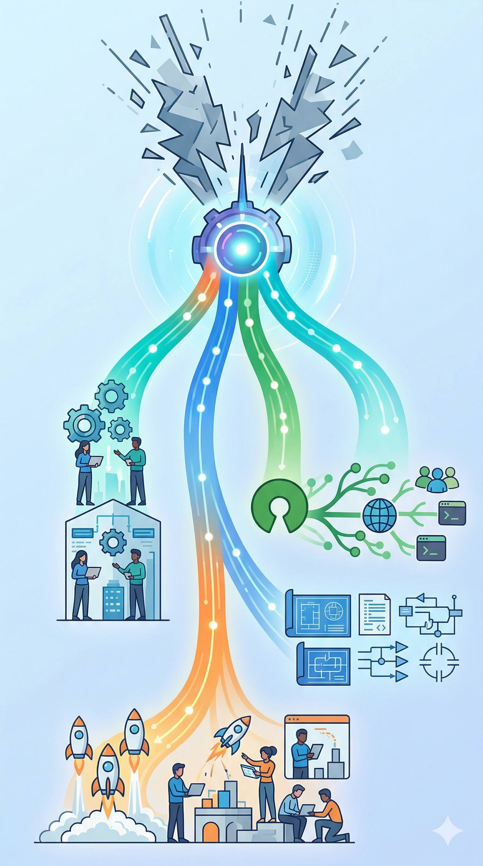 Illustration of Meiro Labs experiments and internal applications branching from a shared platform.